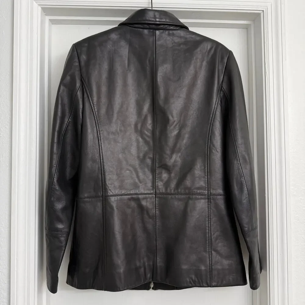 Vintage Y2K Casual Corner Full Zip Genuine Leather Jacket Minimalist Black Sz M